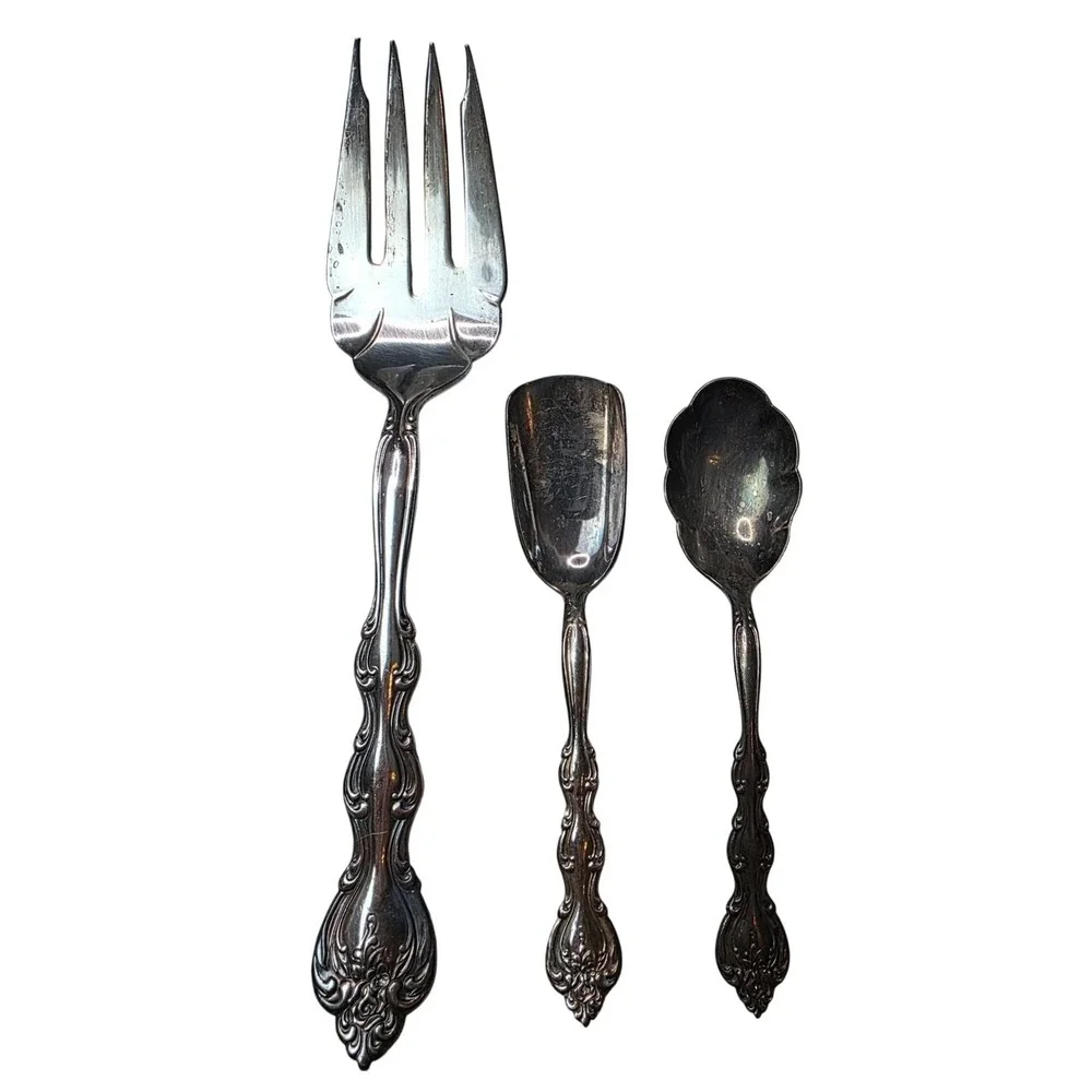 International Silverplate 3pc Serving Set Meat Fork Sugar Shell‎ Butter Knife A6